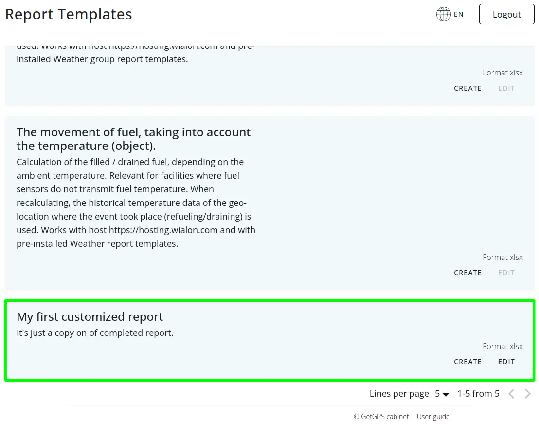 Report on the tab Report Templates