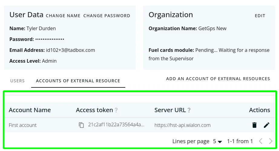 External resource accounts table